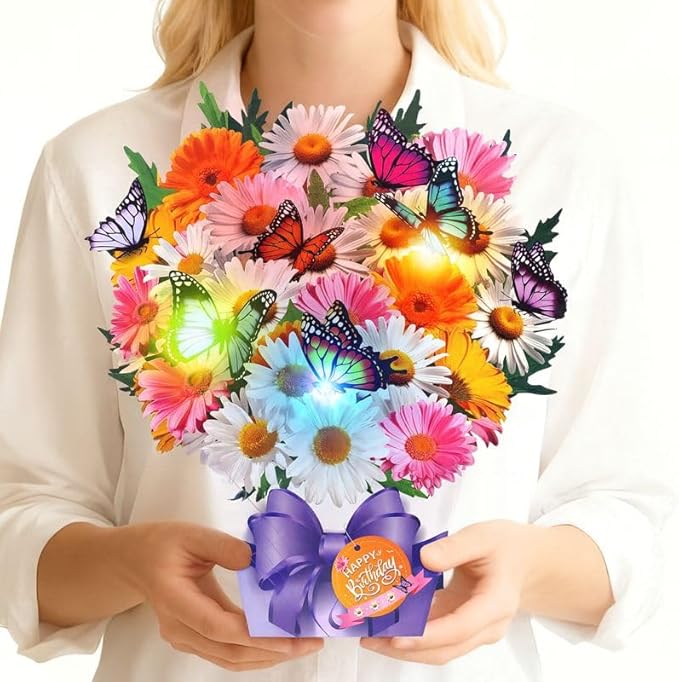 APOTODITO Birthday Cards, Butterfly & Daisy Birthday Card with Music and Light, Flower Bouquet 3D Card for Women Mom Wife
