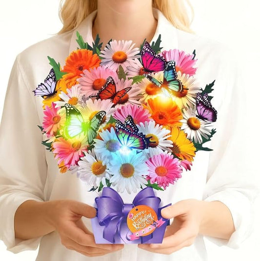 APOTODITO Birthday Cards, Butterfly & Daisy Birthday Card with Music and Light, Flower Bouquet 3D Card for Women Mom Wife