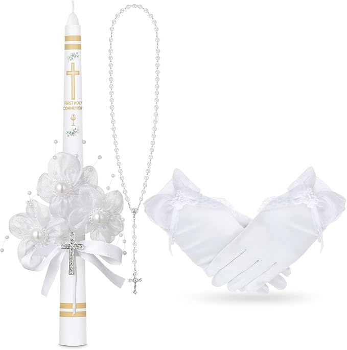Conelist 3 Pcs First Holy Communion Candle Set for Girls Baptism Taper Candle with Rosary Beads Catholic Necklace Satin Gl...