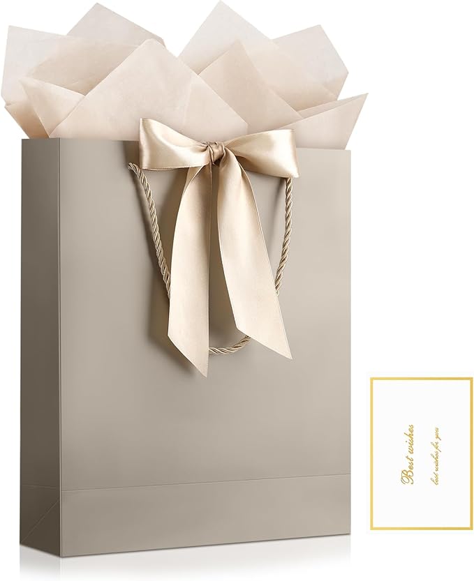 JMANNI Gift Bag, 1PCS Gift Bags with Ribbon and 1 Greeting Cards 2 Tissue Paper, Portable Paper Gift Bag with Handles, Bir...