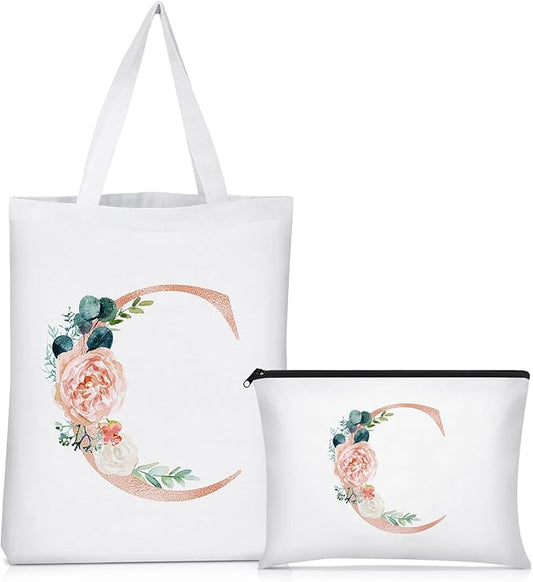 Sanwuta 2 Pcs Initial Canvas Tote Bag Wedding Gift Floral Letter Travel Cosmetic Bag Monogrammed for Woman Wedding