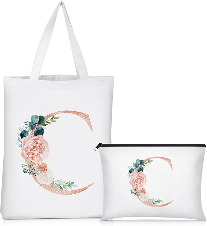 Sanwuta 2 Pcs Initial Canvas Tote Bag Wedding Gift Floral Letter Travel Cosmetic Bag Monogrammed for Woman Wedding