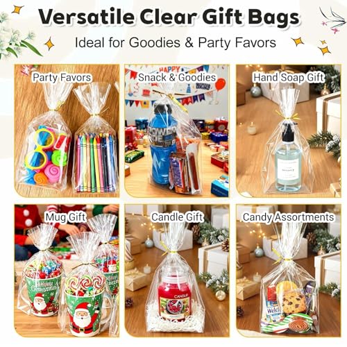 PigPotParty Cellophane Bags 8x11 Inch, 50 Pack Clear Plastic Gift Bags with Bottom Gusset for Stand-Up Display, Medium Cel...