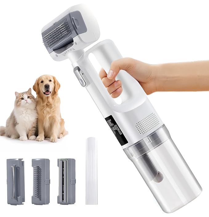 [2026 Version]Dog Vacuum for Shedding Grooming- 5 in 1 Cleaning Slicker Brush for Dogs & Cats Deshedding Vacuum Brush with...