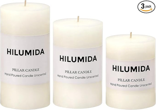 White Pillar Candles Set of 3 - Hand-Poured Unscented Candles, Smokeless Decorative Candles for Home, Set of 3 in Differen...