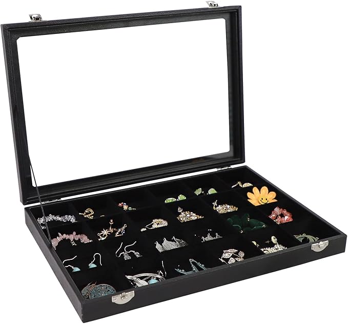 Wudygirl Jewelry Organizer Clear Lid 24 Grid Jewelry Box Case Organizer Showcase Display Jewelry Tray Removable Black Velv...