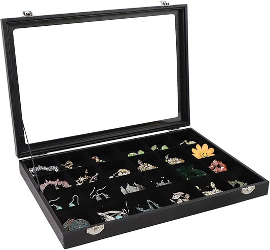 Wudygirl Jewelry Organizer Clear Lid 24 Grid Jewelry Box Case Organizer Showcase Display Jewelry Tray Removable Black Velv...
