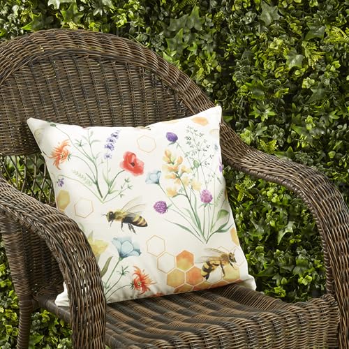 SARO LIFESTYLE Bright Bumble Bee Floral Outdoor Pillow with Poly Fill