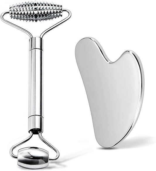 AAJP Gua Sha Facial Tools and Face Roller Set, Stainless Steel Facial Sculpting Eyes Roller Guasha for Face, Chin & Jawlin...