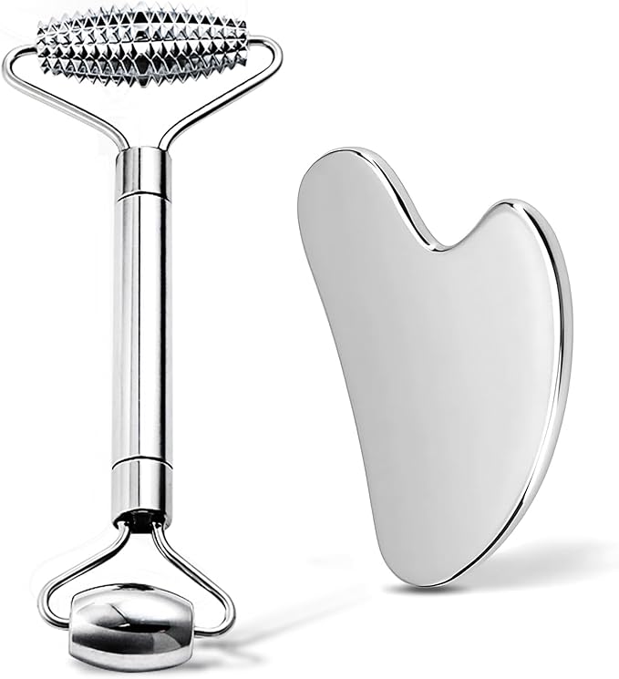 AAJP Gua Sha Facial Tools and Face Roller Set, Stainless Steel Facial Sculpting Eyes Roller Guasha for Face, Chin & Jawlin...