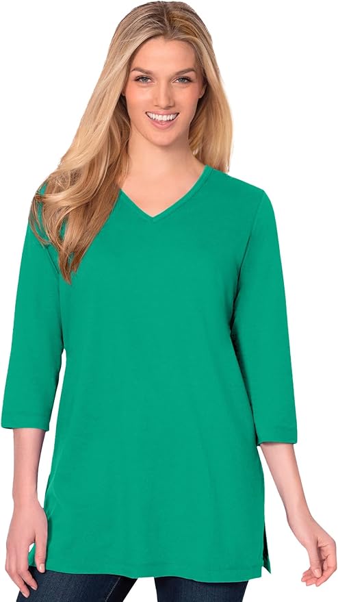 Woman Within Plus Size Perfect Three-Quarter Sleeve V-Neck Tunic