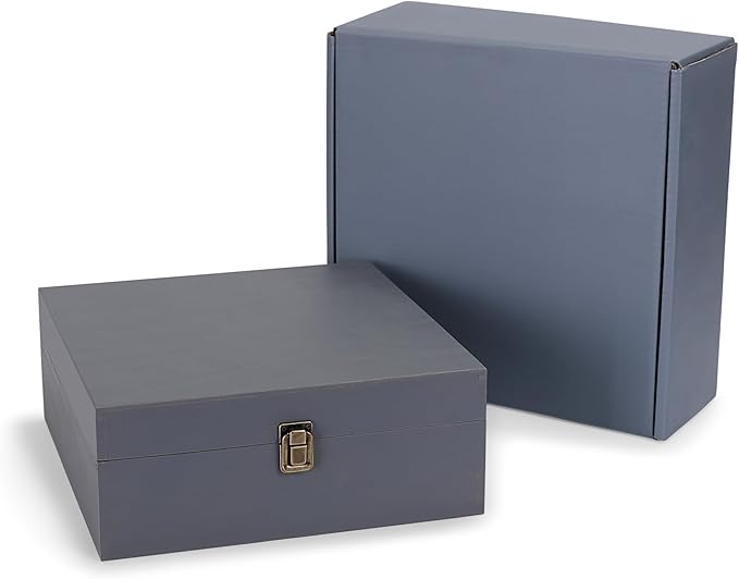 makerflo Medium Grey Pine Wood Memory Box with Hinged with Clasp, Black Felt Inside, Keepsake Wooden Box Ideal for Craft a...