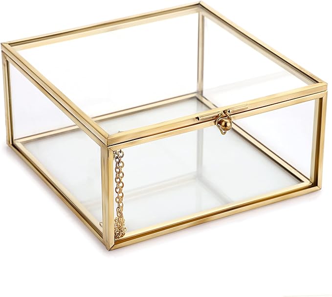 Hipiwe Vintage Glass Jewelry Organizer Box - Golden Metal Keepsake Box Desktop Jewelry Organizer Holder, Wedding Birthday ...