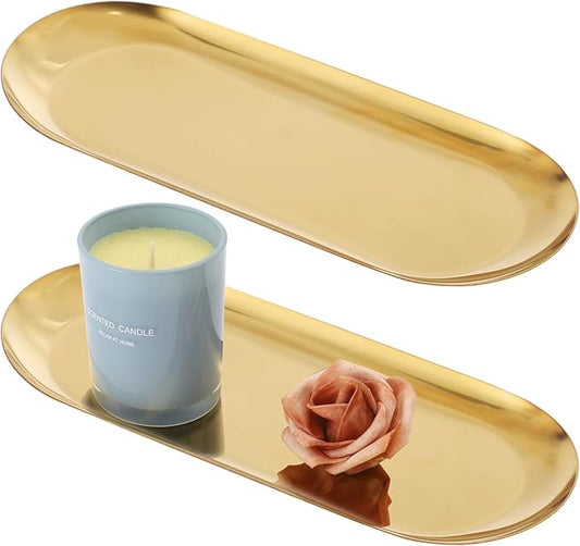 2Pack Gold Decorative Trays Bathroom Vanity Tray for Dresser Counter, Stainless Steel Jewelry Dish Cosmetics Organizer, Pe...
