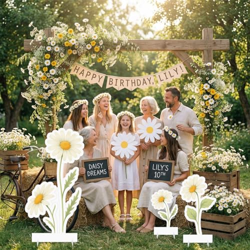 Yookeer 3 Pcs Spring Daisy Party Decorations 40 Inch Large Artificial Flowers Stand-up Signs with Bases Bright Floral Card...