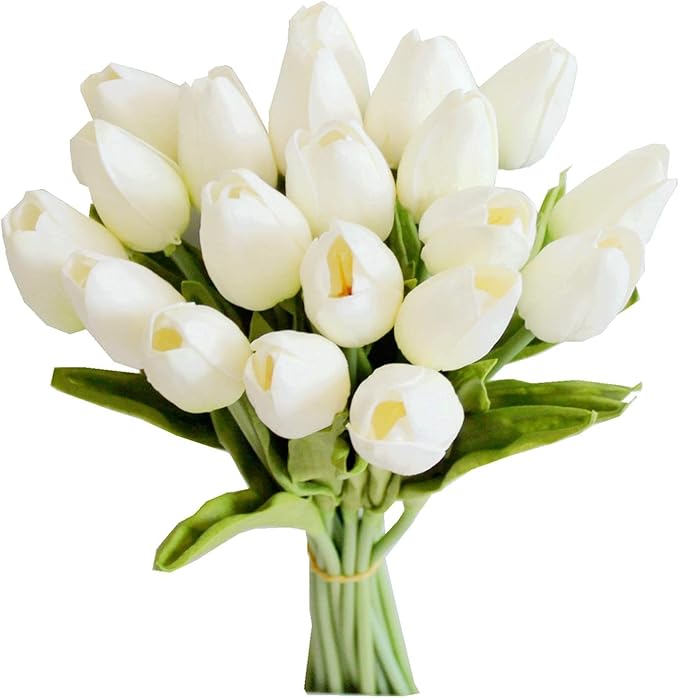 Mandy's White Artificial Tulips Flowers Centerpiece, 13.5" Lifelike PU Fake Floral Stems 20pcs for Kitchen Island & Dining...