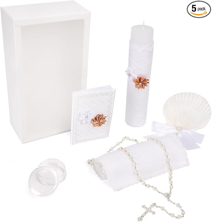 5 PCS Baptism Candle Set for Boys and Girls,Baptism Kit Catholic Candle,Towel,Shell,Rosary andBible for Baptismal Christen...