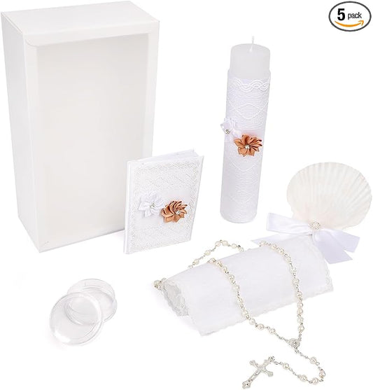 5 PCS Baptism Candle Set for Boys and Girls,Baptism Kit Catholic Candle,Towel,Shell,Rosary andBible for Baptismal Christen...