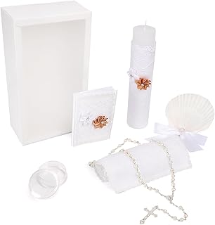 5 PCS Baptism Candle Set for Boys and Girls,Baptism Kit Catholic Candle,Towel,Shell,Rosary andBible for Baptismal Christen...