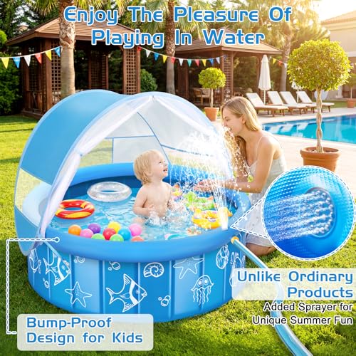 Upgraded Baby Pool with Canopy Sprinkler, 47in Foldable Kiddie Pool with Pop Up Mosquito Net, Baby Beach Tent with Sun Sha...