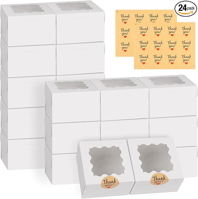WINKIO 24pcs White Cookie Boxes, 4x4x2.5 Inches Bakery Boxes with Window, for Mini Cake Treat Dessert Pastry Donuts Macaro...