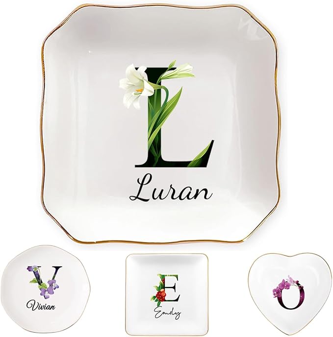 KeenlyMade Custom Ceramic Ring Dish, Personalized Jewelry Tray with Initial, Earrings Necklaces Bracelet Watch Keys Trinke...