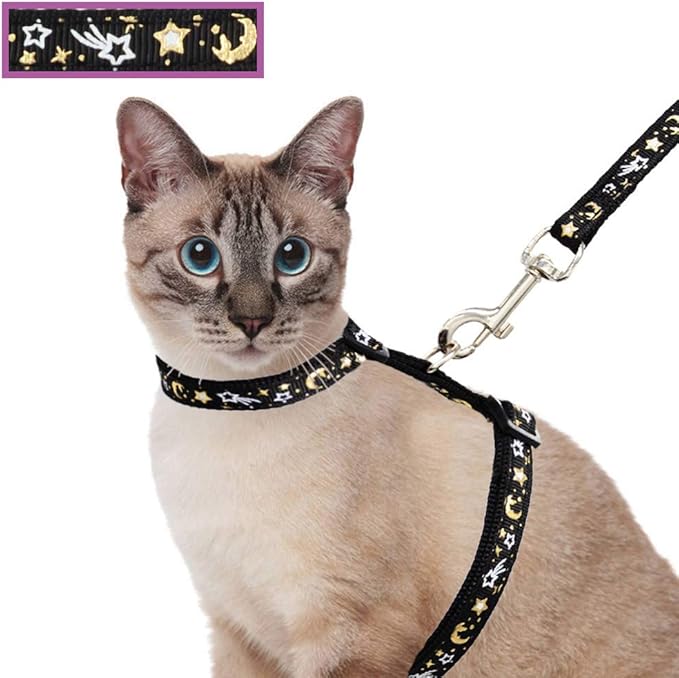 Cat Harness and Leash Set for Outdoor Walking Escape Proof Adjustable Soft Safety Strap with Golden Star and Moon Design G...