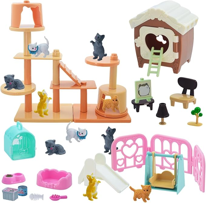 iselyn Pet Pretend Play Toys, 48Pcs Cat Figures Toys for Kids Realistic Detailed Cat Care Center with Accessories Toy Sets...