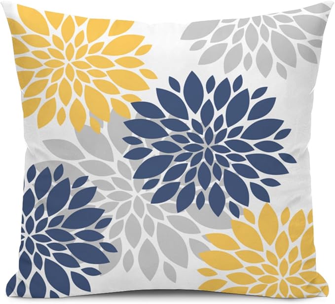Navy Blue Yellow Pillow Covers 18x18 Inch , Spring Summer Geometric Elegant Dahlia Decorative Throw Pillows, Flower Outdoo...