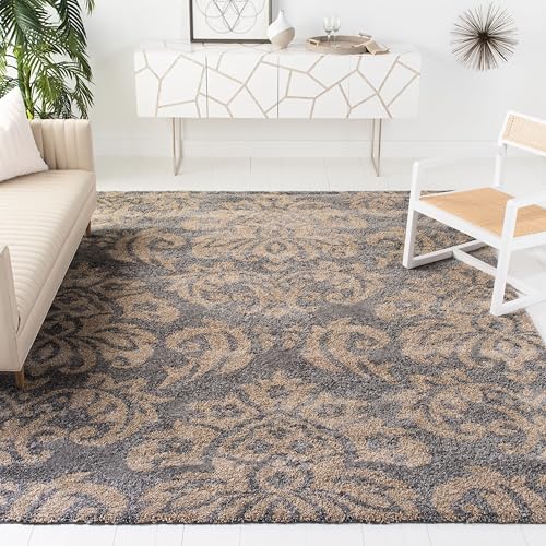 SAFAVIEH Florida Shag Collection Area Rug - 8'6" x 12', Grey & Beige, Damask Design, Non-Shedding & Easy Care, 1.2-inch Th...