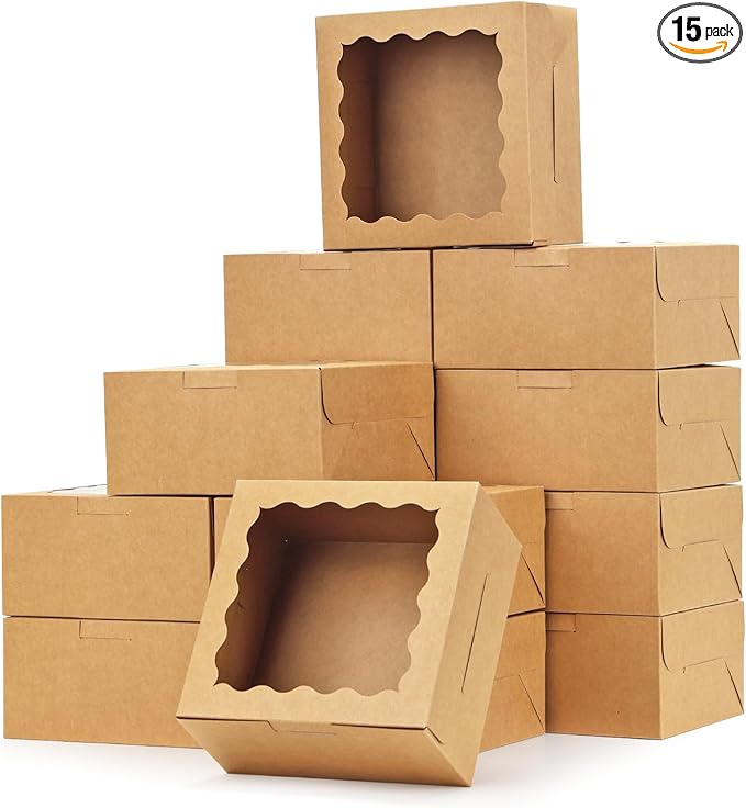 Moretoes 15pcs Cookie Boxes with Window, 6x6x3in Brown Bakery Boxes for Treats, Small Cake, Desserts, Donuts, Pastry