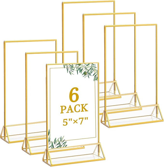 Floroom 6 Pack 5x7 Inch Clear Acrylic Sign Holders, Double-Sided Gold Display Stand Picture Frames for Table Numbers, Menu...
