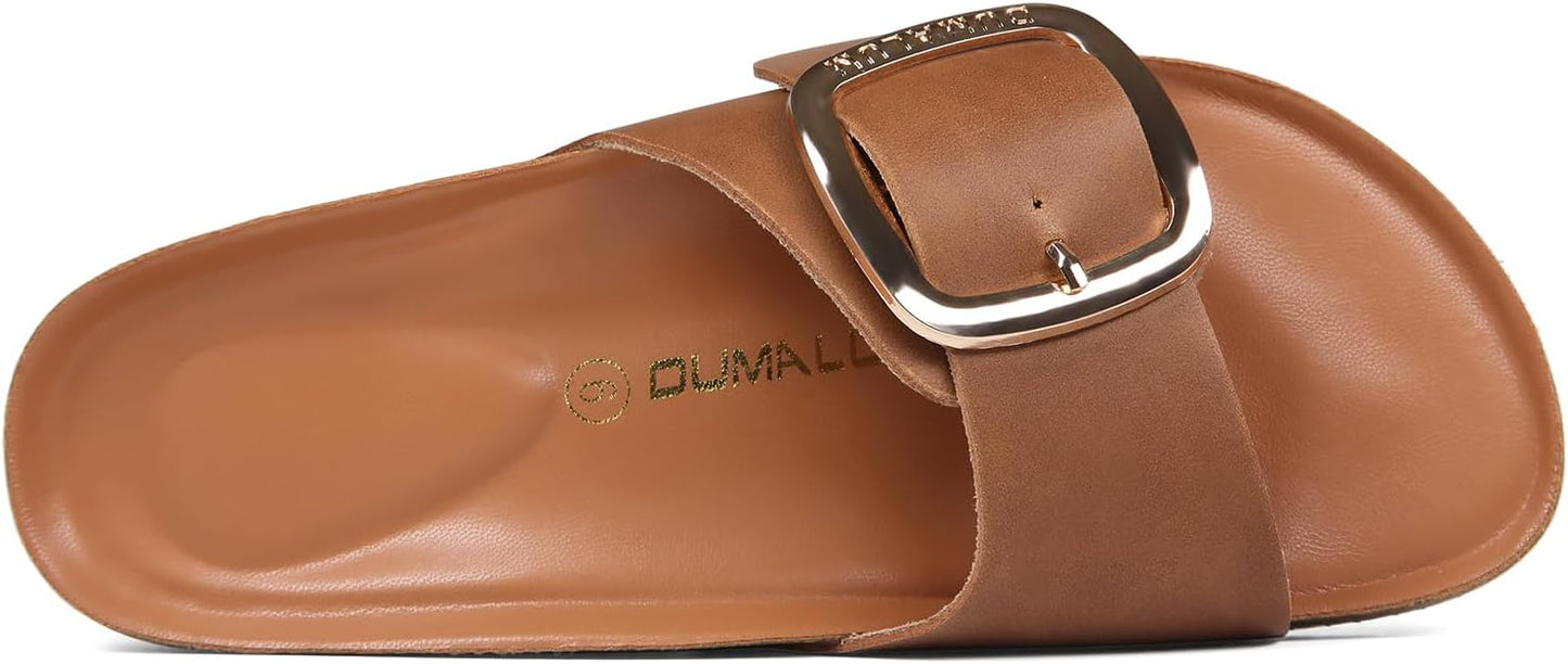 Dumalum Womens Slides Sandals Cork Footbed Flat Sandals Comfort Open Toe Buckle Flip Flops Slip On Home Slippers for Dress...