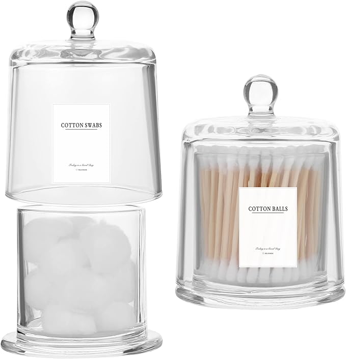 rejomiik 2 Pack Qtip Holder Thick Glass Apothecary Jars with Lid for Bathroom Accessories Vanity Organizers and Makeup Sto...