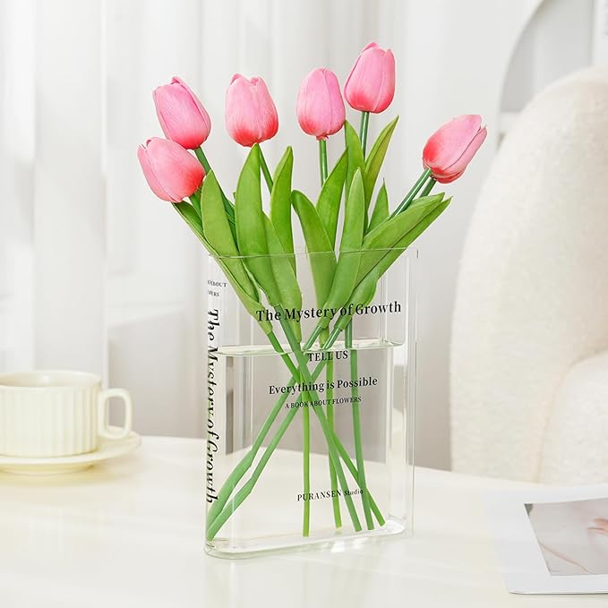 Puransen Clear Bookend Vase for Flowers - Aesthetic Room Decor for Modern Home/Office, Minimalist Shelf Organizer with Flo...