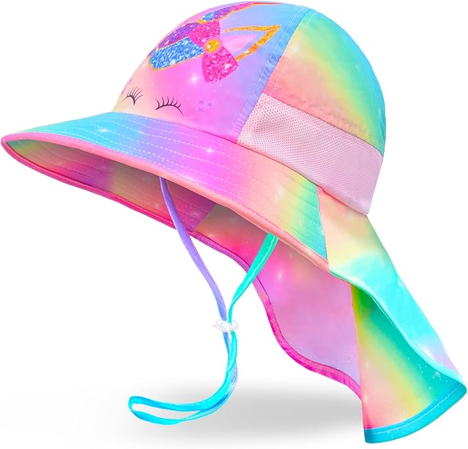 Girls Sun Hat for Kids UV Protection Unicorn Summer Hat Beach Play Hats Wide Brim Neck Flap for Girls Ponytail Hat 2-9 Years