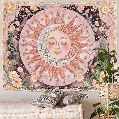 Neasow Sun Moon Daisy Tapestry, Boho Aesthetic Floral Wall Art, Pink Hippie Decor for Living Room Bedroom Home, 68x90 inches