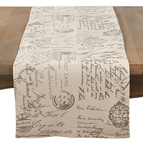 SARO LIFESTYLE Aidy Collection Vintage Script Print Design Table Runner, 16" x 108", Natural