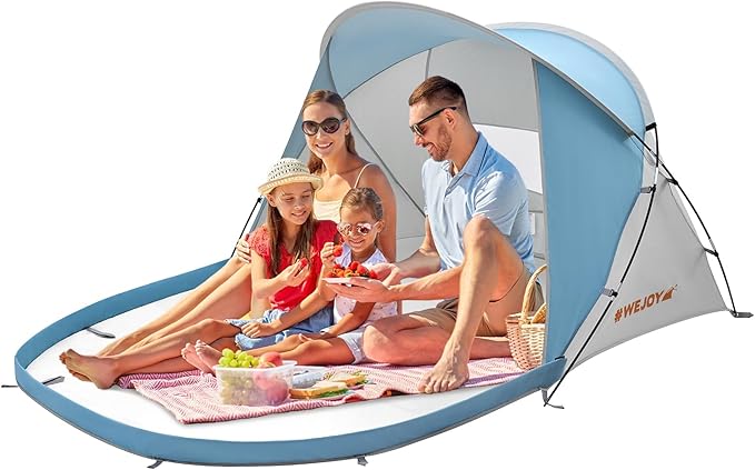 #WEJOY Beach Tent Sun Shelter, Windproof Reinforced 9.5mm Frame, 4 Person Easy Up Beach Shade, UPF 50+ UV Protection, Beac...