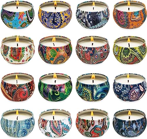 Set of 16 Small Scented Candles Soy Wax Aromatherapy Candles 2.5 OZ Portable Tin Candles with Lid, Relaxation Gifts Basket...