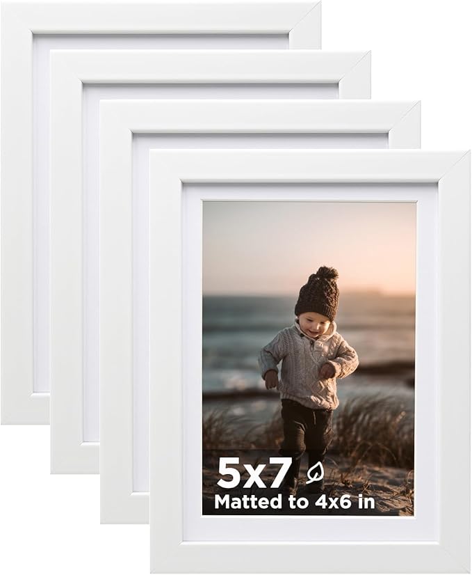KINLINK 5x7 Picture Frame White Set of 4, Wooden Photo Frames Matted 4x6 with Plexiglass for 4x6 with Mat or 5x7 without M...