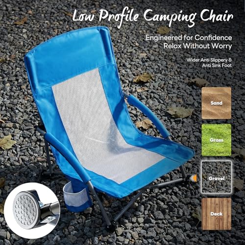 NEWBULIG Low Beach Chair – Folding Camping Chair for Adults, Low Profile Lawn Chair with Cup Holders & Carry Bag, Extra Wi...