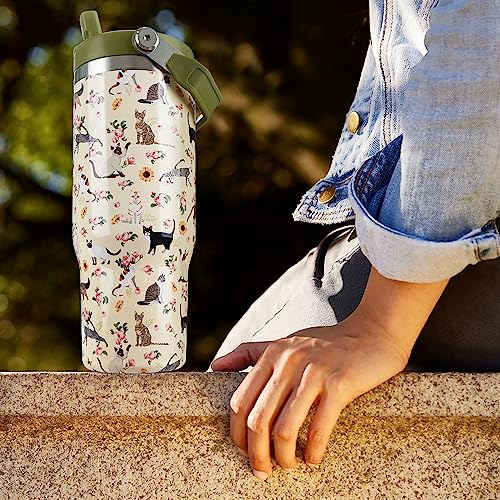Exacmos 30oz Floral Cat Tumbler with Handle and Straw, Stainless Steel Vacuum Insulated Coffee Tumbler, Travel Mug Water B...