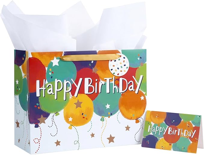 Loveinside Colorful Birthday Gift Bag, Balloons Pattern with HAPPY BIRTHDAY Text, Matching Tissue Paper, Greeting Card and...
