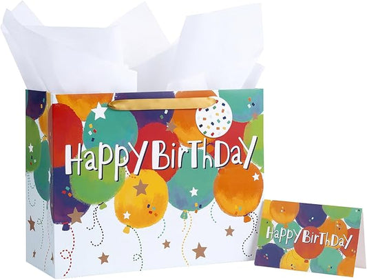 Loveinside Colorful Birthday Gift Bag, Balloons Pattern with HAPPY BIRTHDAY Text, Matching Tissue Paper, Greeting Card and...