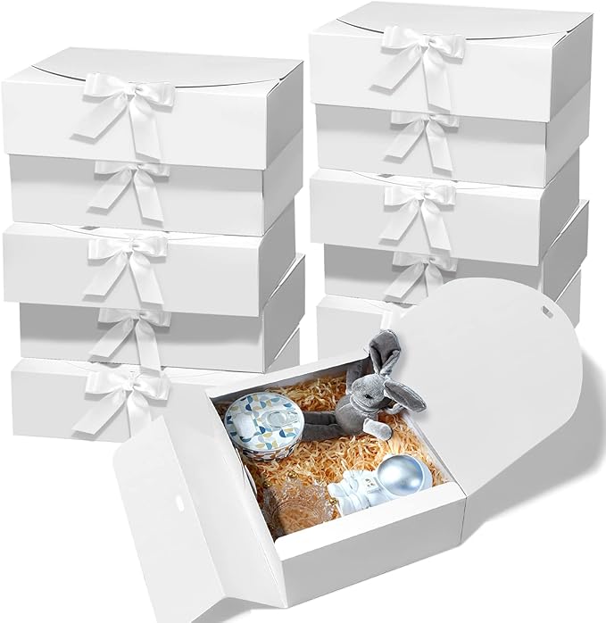 BoShahai 10 PCS Gift Boxes with Lids, 10.6x7.8x3.1 Inch Kraft Paper Gift Box, White with Ribbon, Bridesmaid Proposal Box f...