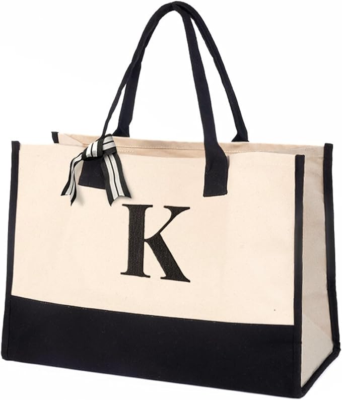 Salt Earth Personalized Initial Canvas Tote Bag for Women, Large Cotton Monogram Beach Grocery Reusable Work Travel Tote