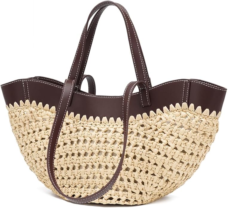 Large Straw Tote Bag for Women, Woven Summer Beach Bag with Leather Trim & Double Straps, Handmade Mesh Boho Shoulder Bag