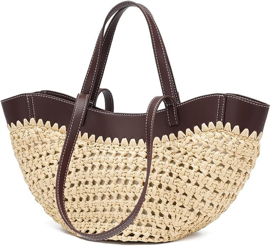 Large Straw Tote Bag for Women, Woven Summer Beach Bag with Leather Trim & Double Straps, Handmade Mesh Boho Shoulder Bag