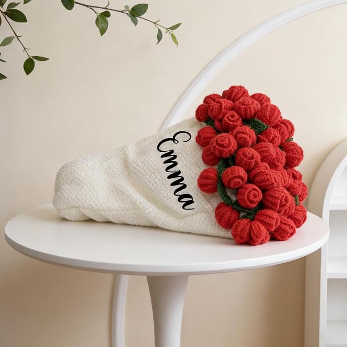 Neywoll Personalized Name Embroidery Crochet Flower Bouquet Throw Blanket Custom Rose Blanket Romantic Gift for Her Girlfr...
